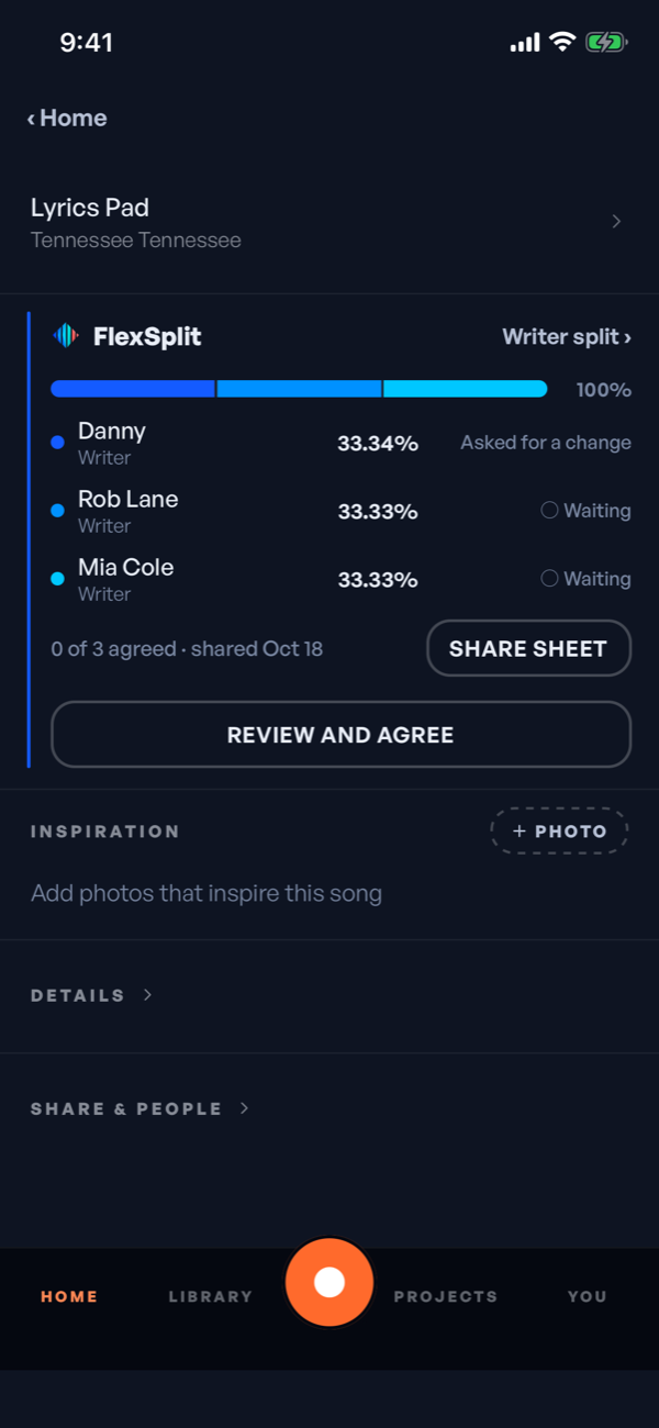 The FlexSplit card on a song: three writers at 33.34%, 33.33% and 33.33%, with each one’s agreement status.