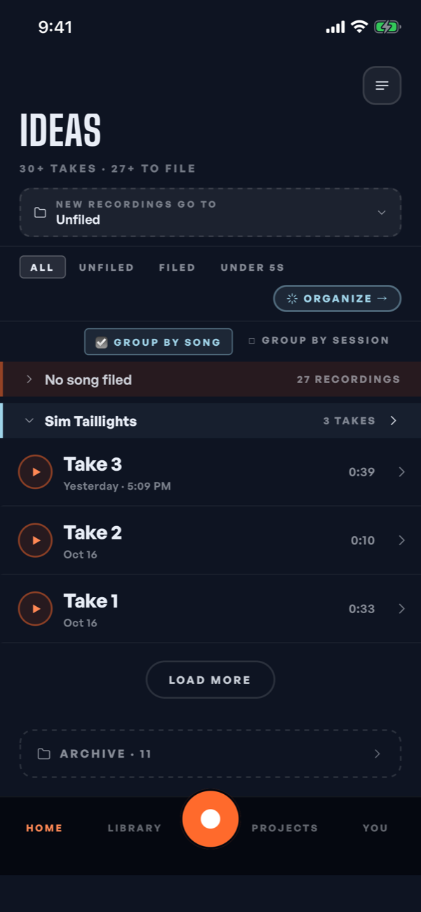 The Ideas list grouped by song: a song with three takes, and the recordings not filed into a song yet.
