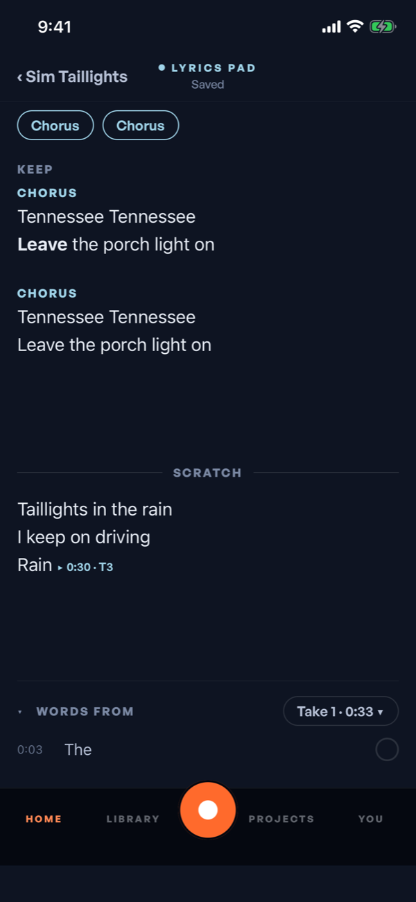 The Lyrics Pad: chorus lines under Keep, rough lines under Scratch, one line stamped to 0:30 in take 3, and words from a take below.