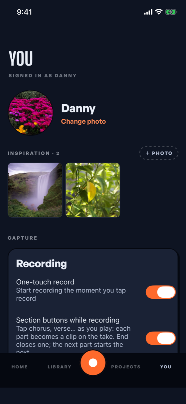 The You tab: a profile photo and two Inspiration photos.