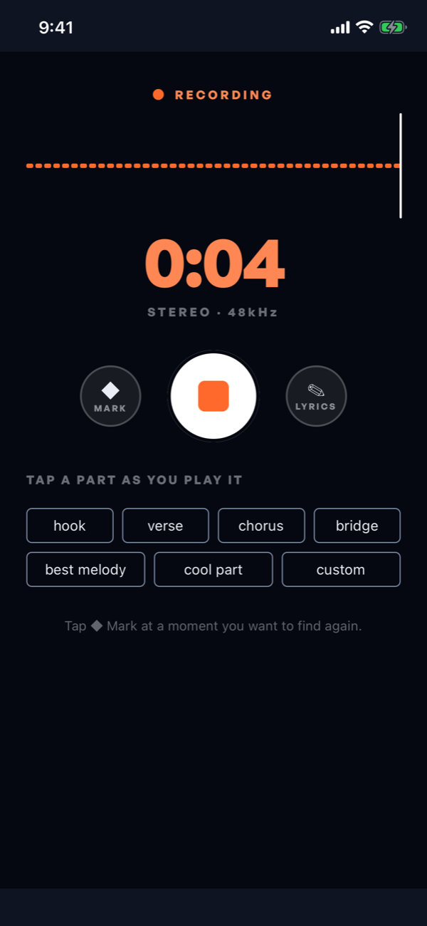 The recording screen at 0:04, with Mark, Lyrics, and a button for each part of the song: hook, verse, chorus, bridge.