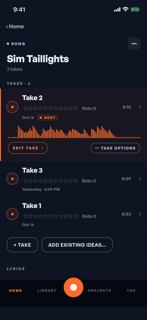 A song page: three takes, one marked best, each with a play button and a rating.